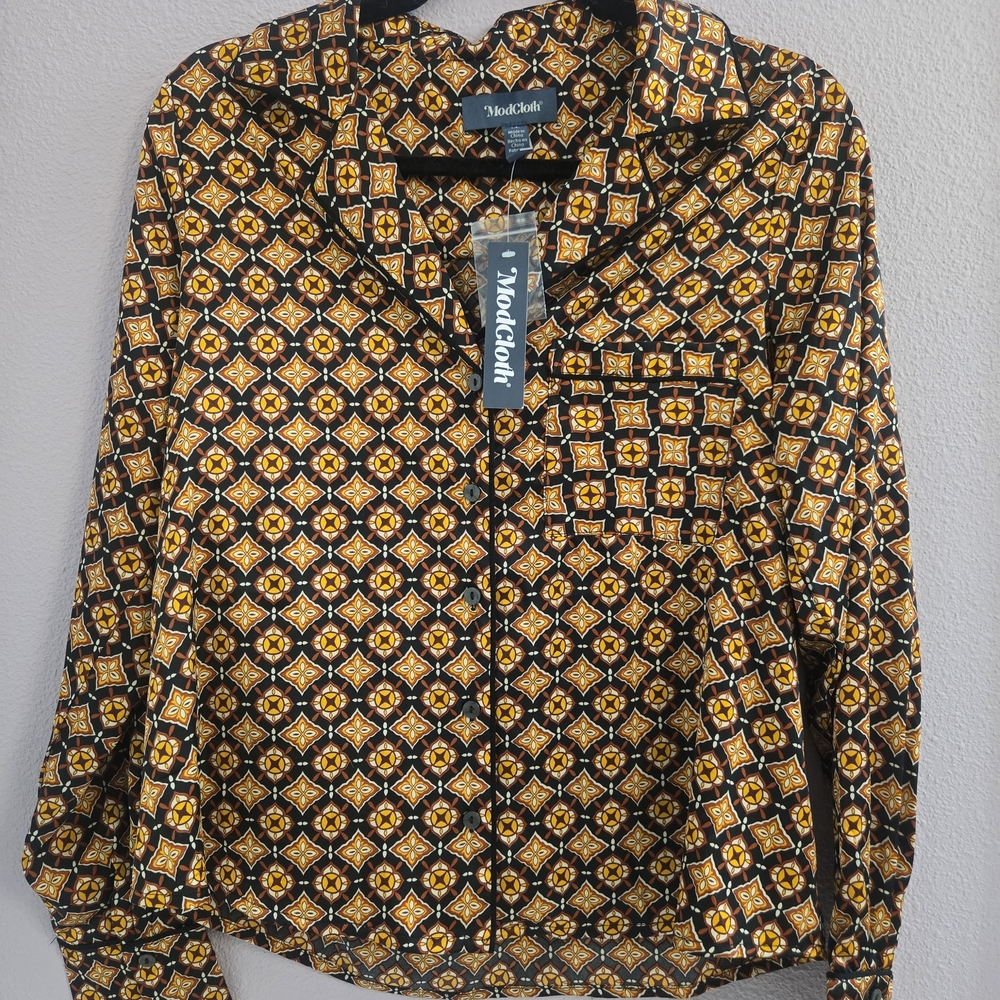 Modcloth Playful Past Vintage Inspired Black and Orange Geometric Blouse Size M